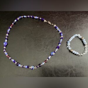 multi blue beaded necklace and bracelet